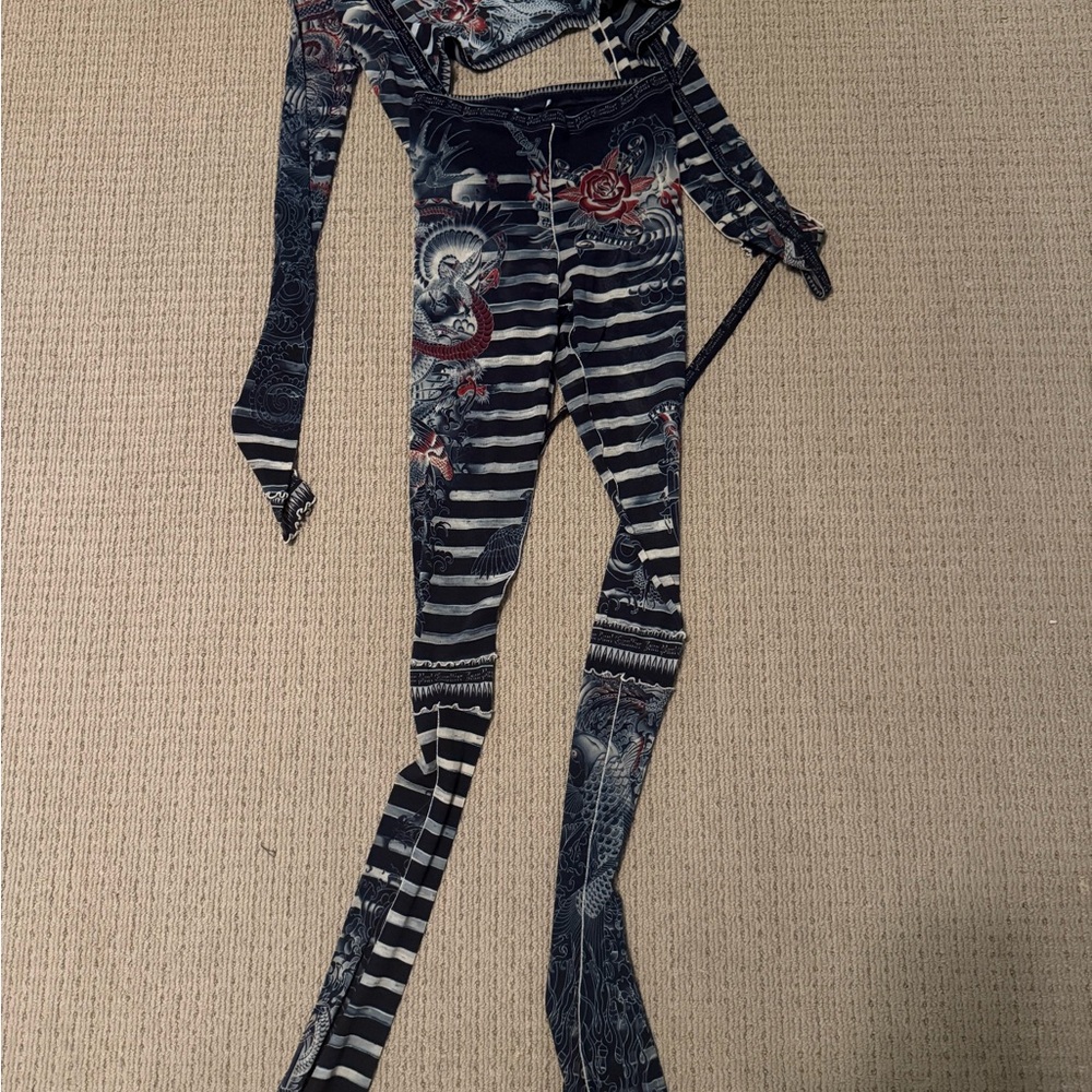 Jean Paul Gaultier Black & White Striped Leggings with Red Floral Accents